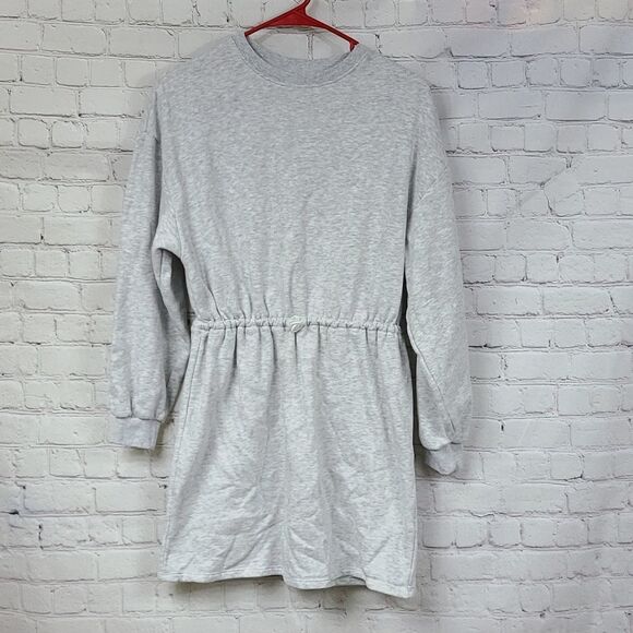 H&M Divided Gray Sweatshirt Drawcord Dress Cozy Fleece Long Sleeve Winter Casual - Picture 2 of 9